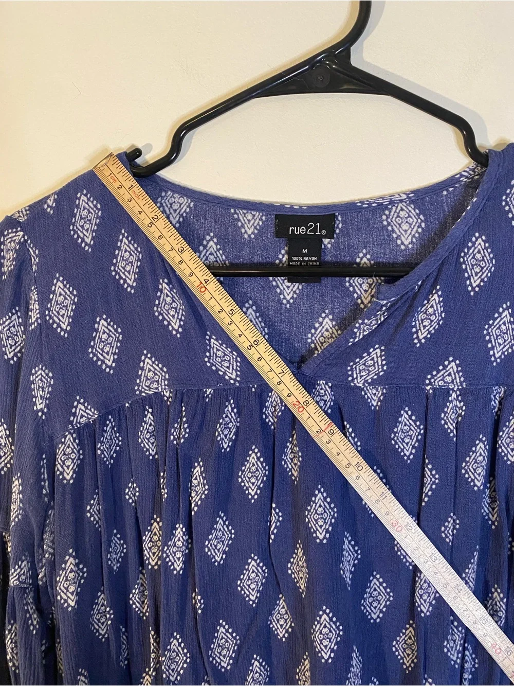 Rue21 Blue Printed V-Neck Long Sleeve Navy Blue Bohemian Top